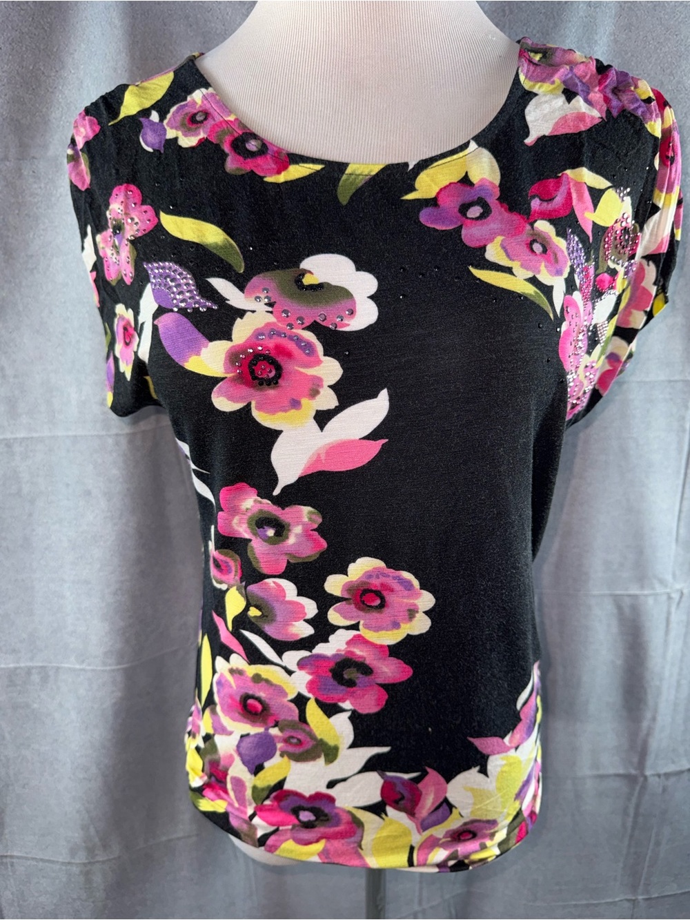 3188-Christopher & Banks Black Short-Sleeve Floral Top with Pink & Yellow Accent